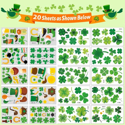 St Patricks Day Tattoos,20 Unique Sheets, 190 Pcs St Patricks Day Stickers, St Patricks Day Accessories Green Shamrock Irish Temporary Tattoo Stickers, St.Patrick's Day Party Favors Decorations Gift