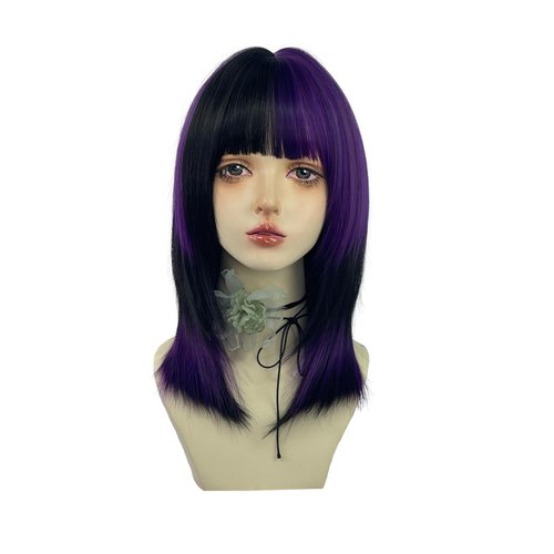 WKLOUYHE Short Straight Wig with Bangs for Women Shoulder Length Bob Women's Synthetic Wigs Heat Resistant Hair for Cosplay Halloween Daily Party Use (Black and Purple)