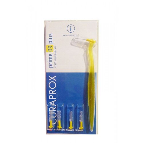 Curaprox CPS 09 Prime Plus Interdental Brushes Set, 5 interdental brushes CPS 09 + 1 holder UHS 409, 0.9 mm to 4 mm, Yellow