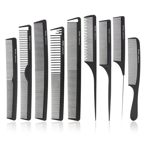 CestoMen 9pcs Carbon Fiber Stylist Combs Set, Anti Static Hair Cutting Comb Salon Styling Hairdressing Carbon Combs Rat Tail Comb for All Hair - Black
