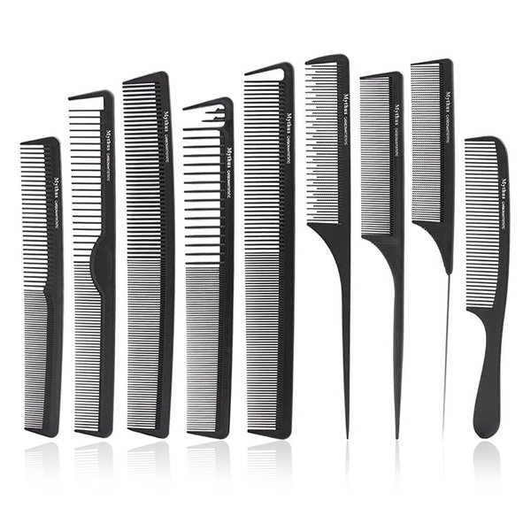 CestoMen 9pcs Carbon Fiber Stylist Combs Set, Anti Static Hair Cutting Comb Salon Styling Hairdressing Carbon Combs Rat Tail Comb for All Hair - Black