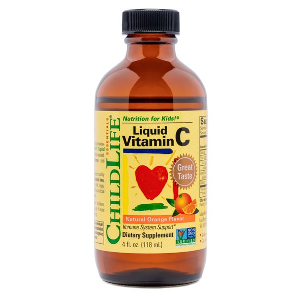 CHILDLIFE ESSENTIALS Liquid Vitamin C - Immune Support, Vitamin C Liquid, All-Natural, Gluten-Free, Allergen Free, Non-GMO, High in Antioxidants - Orange Flavor, 4 Ounce Bottle