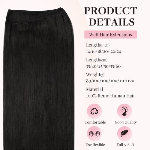 MAXITA Weft Hair Extensions Real Human Hair Remy Hair Natural Black Sew in Hair Extensions 16 Inch 100g Weft Real Human Hair Double Weft Soft Straight Human Hair Wefts