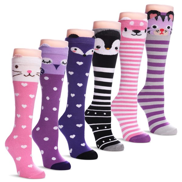 TRUEHAN 6 Pairs Girls Knee High Socks 3-12 Years Cartoon Animals Warm Cotton Long Tall Boot Socks (Cute Animal 02)