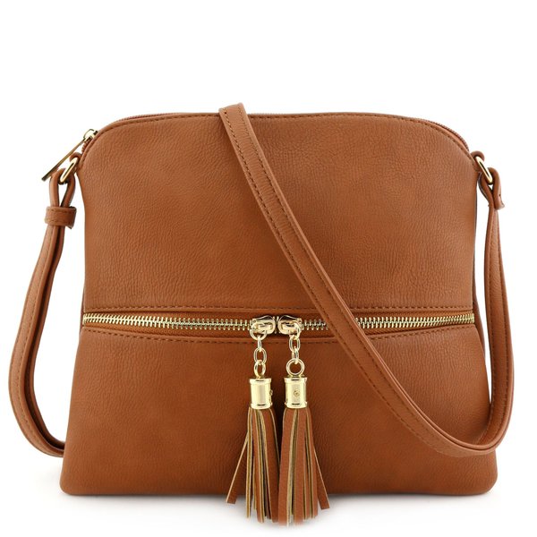 DELUXITY Lightweight Medium Crossbody Bag with Tassel (Tan)