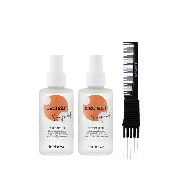 kuss Inebrya Ice Cream Frequent Best Care Oil (3.38 oz) with Teasing Comb Pack of 2