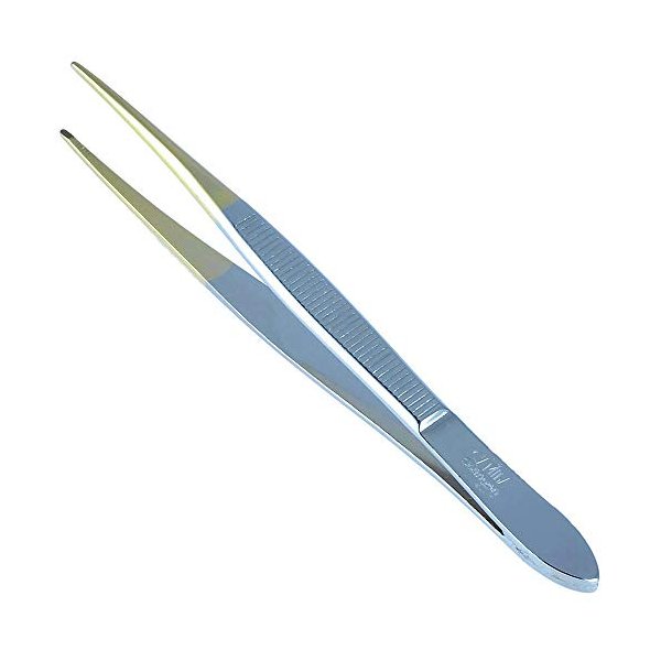 Camila Solingen CS32 3 1/2" Gold Tipped, Surgical Grade, German Stainless Steel Tweezers (Pointed) - Flawless Eyebrow and Facial Hair Shaping and Removal for Men/Women