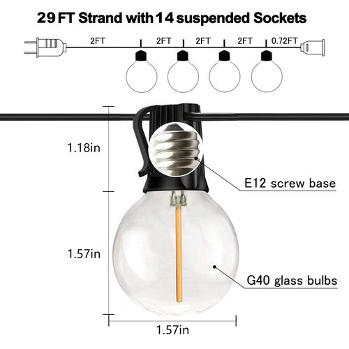 Banord 29FT Globe Outdoor String Lights, Shatterproof Patio Lights with 15 Dimmable Plastic Bulbs, Waterproof Hanging Lights String for Porch Backyard Cafe, E12 Socket Base