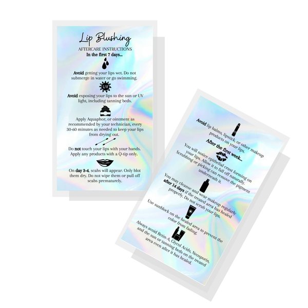 Lip Blush Aftercare Instructions Card | 50 Pack | 2x3.5" inches Business Card Size | Lip Glow Lip Blush PMU Lip Tint Lip Tattoo | Holographic Design