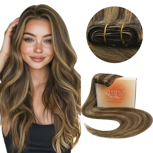 Sunny Weft Hair Extensions Dark Brown with Caramel Blonde Highlights Human Hair Sew in Extensions Brown Weft Hair Extensions Human Hair Brown Blonde Real Hair Bundle for Wedding 20inch 100g