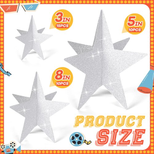 Sinload 45 Pcs Star Centerpieces for Movie Night Party Decorations 3D Movie Night Supplies Star Decorations in 3 Sizes 8" 5" 3" Red Carpet Film Show Theme Birthday Party Table Decor(Classic,Silver)