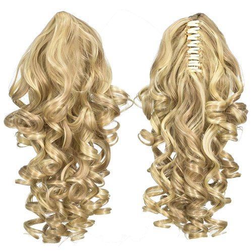 SWACC 12-Inch Short Screw Curls Claw Clip Ponytail Extensions Synthetic Clip in Drawstring Curly Ponytail Hairpiece Jaw Clip Hair Extension (Dark Honey Blonde/Bleach Blonde Highlights-16H613#)