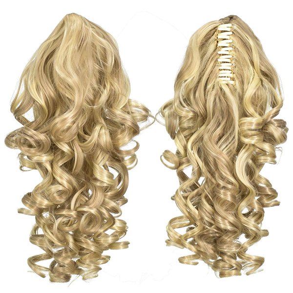 SWACC 12-Inch Short Screw Curls Claw Clip Ponytail Extensions Synthetic Clip in Drawstring Curly Ponytail Hairpiece Jaw Clip Hair Extension (Dark Honey Blonde/Bleach Blonde Highlights-16H613#)