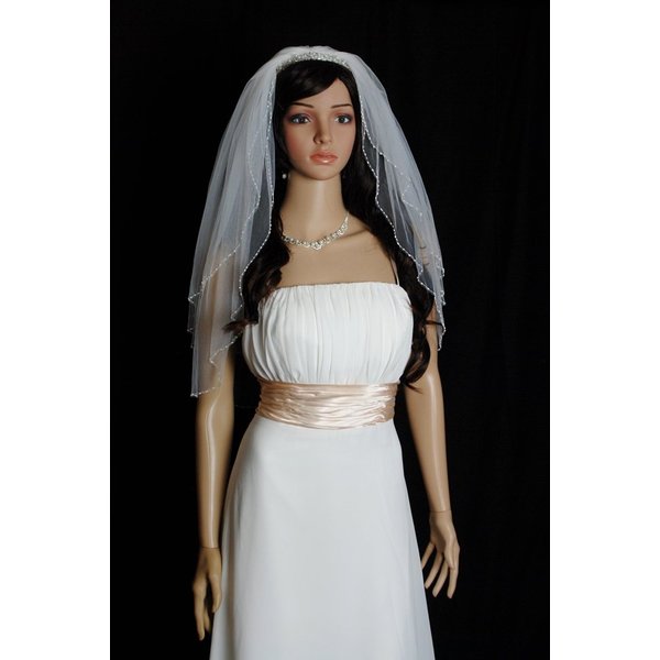 Bridal Veil Diamond (Off) White 2 Tiers Elbow Length Edge Trimmed with Beads