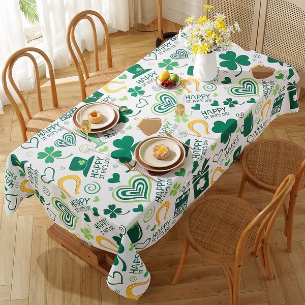 St. Patrick's Day Tablecloth for Rectangle Tables, Machine Washable Green Table Cover with Irish Lucky Shamrock Patterns for Dining Tabletop Decoration (Rectangle/Oblong, 60" x 120" (10-12 Seats))