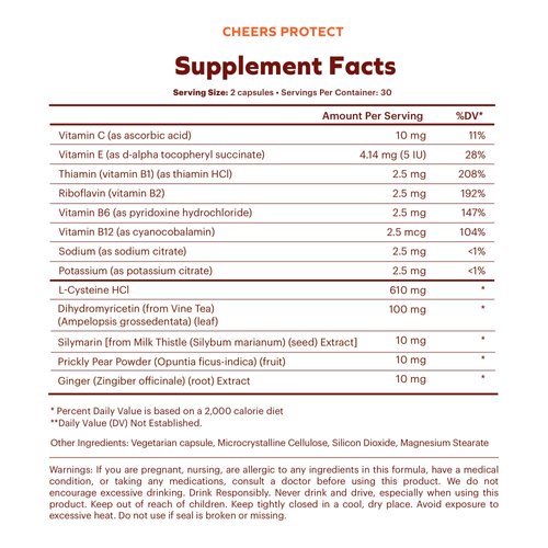 Cheers Protect | Daily Liver Supplement for Drinkers with L-Cysteine + DHM | Increase Glutathione Levels | 30 Doses | Cysteine, Dihydromyricetin, Milk Thistle, Prickly Pear, B-Vitamins, Ginger
