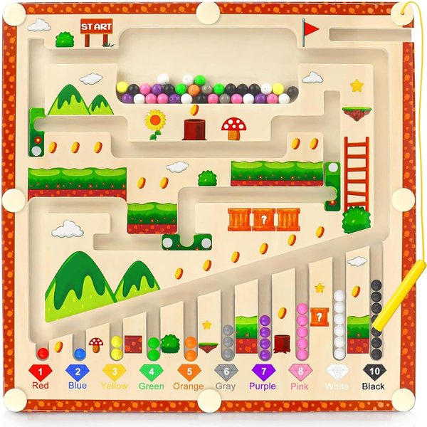 Magnetic Color and Number Maze Montessori Toys for 3+ Year Old Kids Wooden Drawing Board with Magnetic Beads Educational Learning Toys Counting Matching Toys