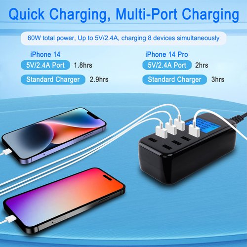 USB Charging Station, 60W 8 Port Charging Hub 12A USB Charger Station with LCD Display for Multiple Devices, Smart Desktop Charger for iPhone 14/14 Pro/13 Pro/13 Pro Max, Galaxy, iPad