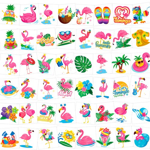 HOWAF 96pcs Summer Flamingo Temporary Tattoos for Kids,Flamingo Party Supplies Tattoos for Girls Hawaii Party Decorations,Hawaiian Tropical Summer Fake Tattoo Stickers for Flamingo Goodie Bags Fillers
