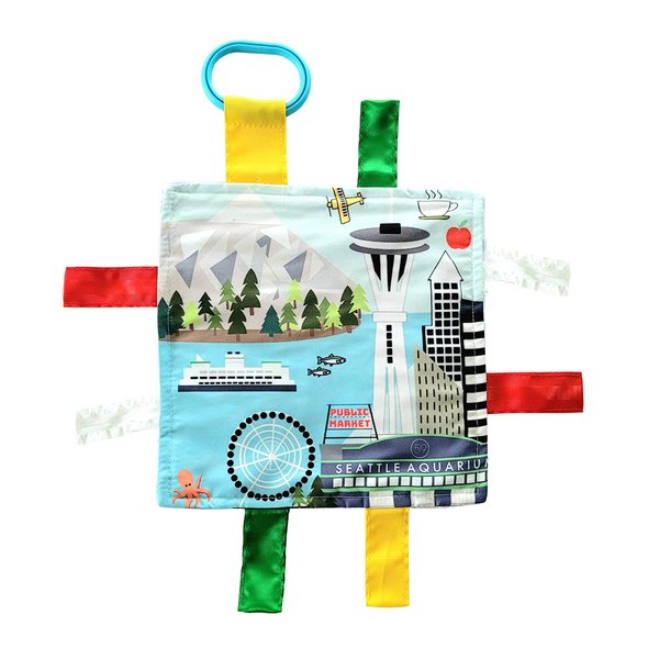 Baby Jack & Co 8x8” Learning Lovey Seattle Washington Tag Toys for Babies - Baby Crinkle Toys - Soft & Safe - Learn USA Cities and Shapes - Ideal Baby Toy & Gift BPA Free w/ Stroller Clip