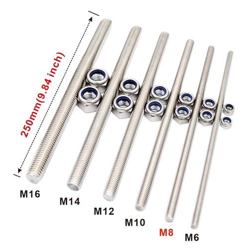M8x250mm Fully Threaded Rod Studs Long Metric Threaded Screw 304 Stainless Steel Right Hand Threads All Threaded Rod Studs for Anchor Bolts Clamps Hangers U-Bolts 2 Pack