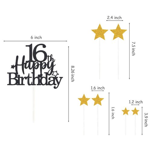Pargleev Glittery 16th Happy Birthday Cake Topper with Star,Personalised 16 Birthday Cake Toppers Party Decorations Party Supplies for Boys Girls Black Gold