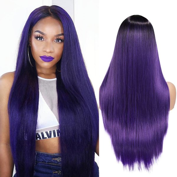 WIGER Straight Purple Wigs for Women Long Dark Purple Hair Wig Ombre Black to Purple Middle Part Colored Wigs for Cosplay 26 Inch Heat Resisting Synthetic Hair