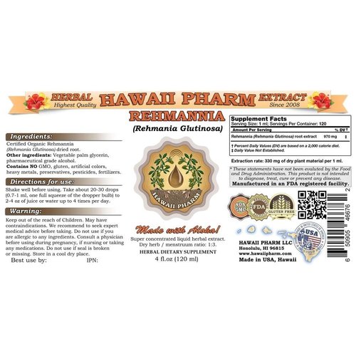 Rehmannia Liquid Extract, Organic Rehmannia (Rehmania Glutinosa) Tincture, Herbal Supplement, Hawaii Pharm, Made in USA, 2x4 fl.oz