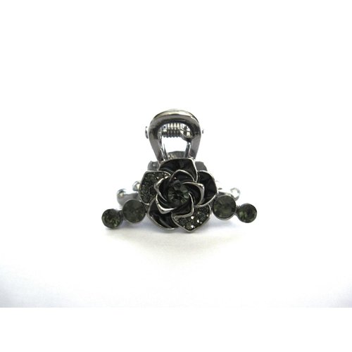 Small mini silver metal gray blue rose flower crystal hair claw bridal clip
