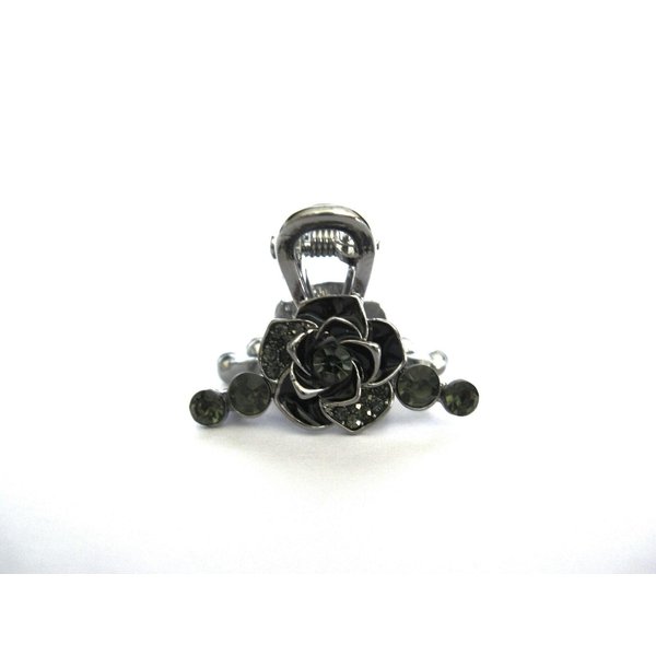 Small mini silver metal gray blue rose flower crystal hair claw bridal clip