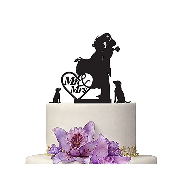 YAMI COCU Wedding Cake Toppers Mr And Mrs With Two Pet Dogs Animal Black Color Acrylic Silhouette Wedding Party Engagement Decoration