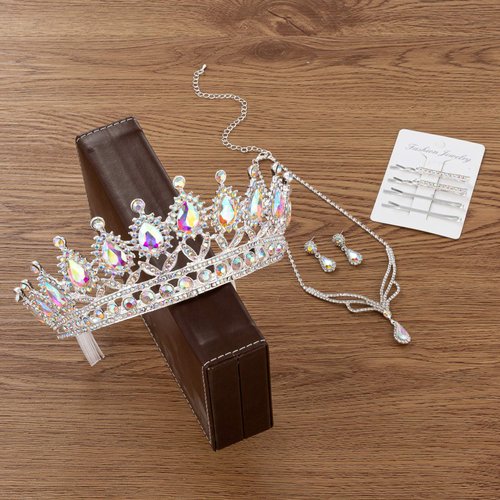 Weddingtopia Crystal Silver Ab Wedding Tiaras and Crowns For Bride Plus Wedding Rhinestone Necklace and Earring Set – Rhinestone Bridal Tiara Crown with side combs (SILVER AB)