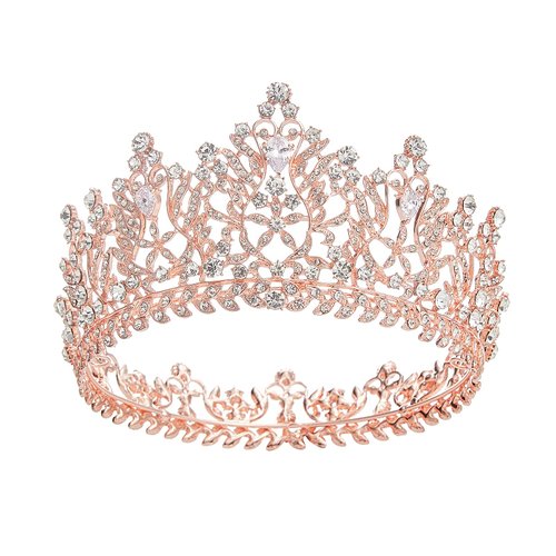 SH Full Round Queen Crown for Women, Rhinestone Princess Tiaras and Crowns Rose Gold Birthday Tiara Headband Halloween Party Hair Accessories Cake Topper