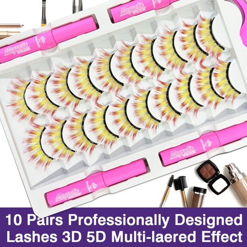 Magnetic Eyelashes Colored Eyelashes for Halloween Party Cosplay Makeup Kit,Yellow mix Red Look,10 Pairs Wispy Color Magnetic Lashes with Eyeliner,18-23MM Fake Eyelash Cruelty-Free & Vegan