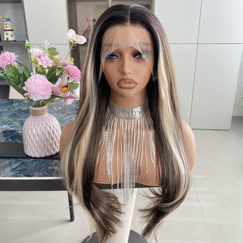 Carkira Ombre Brown Wig Highlight Blonde 13x4 Lace Front Wigs Dark Root Pre Plucked Long Loose Wavy Platinum Synthetic Fiber Hair 22Inch for Women Girls