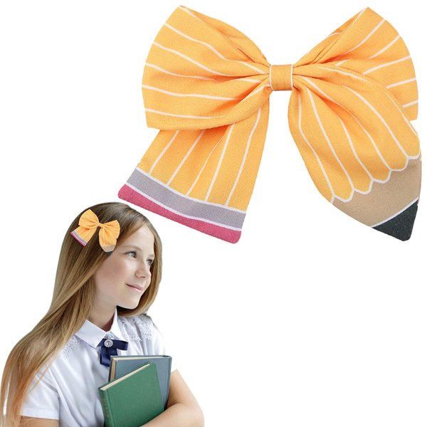 Pencil Stripe Bow Hair Clips Back to School Bow Clips for Girls Yellow Pencil Hair Bow with Stripe Design Cute Yellow Bowknot Hairpins for Welcome to School Kindergarten Hair Accessories 1PCS