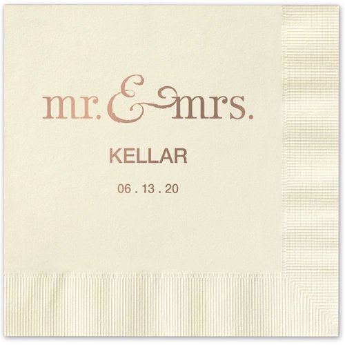 Canopy Street Mr and Mrs Personalized Cocktail Napkins / 100 Ivory Ecru 3-Ply Paper 4 ¾” x 4 ¾” Beverage Napkins with Choice of Foil