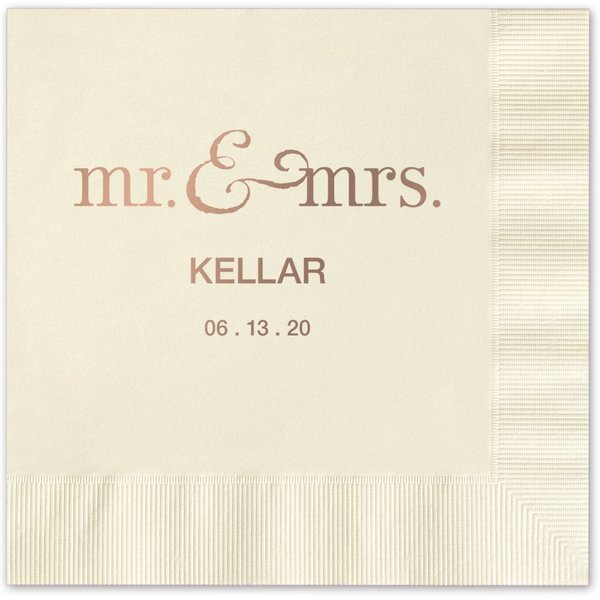 Canopy Street Mr and Mrs Personalized Cocktail Napkins / 100 Ivory Ecru 3-Ply Paper 4 ¾” x 4 ¾” Beverage Napkins with Choice of Foil