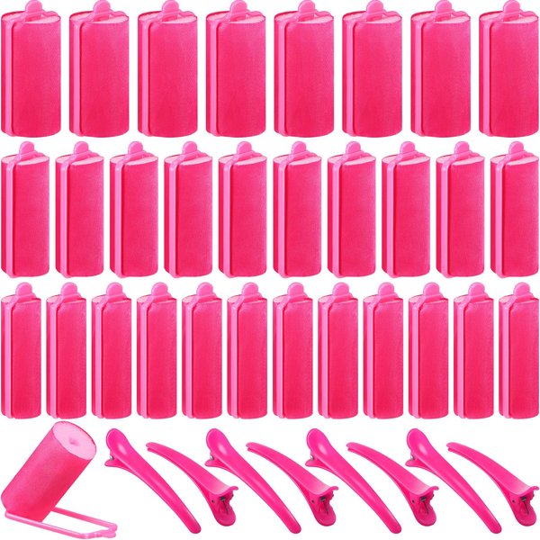 40 Pieces Sponge Hair Rollers Satin Rollers for Black Hair, Silk Rollers Foam hair Rollers Hair Curlers with Duck Teeth Hair Clips for Hairdressing Styling (Rose Red,Multi-size)
