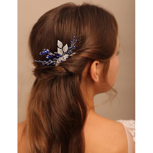 YERTTER Wedding Crystal Leaf Bridal Hair Comb Clip Pearl Wedding Hair Accessories for Bride Bridesmaid Flower Girls (Blue)