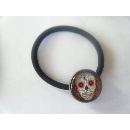 Hair Tie, PAIR Dia De Los Muertos Gothic 20mm Glass Skull Cabochon Hair Tie with Elastic +Gift Bag