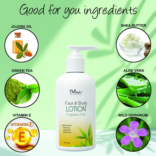 Deluvia Moisturizing Body Lotion & Face Lotion, 8oz with Organic Aloe Vera, Shea Butter, Organic Jojoba Oil, Vitamin E & B5. Daily Skin Moisturizing Lotion For Dry Skin, Great For All Skin Types.