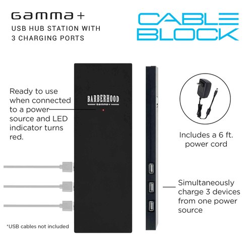 GAMMA+ 3-Port Micro USB Hub Station Charging Block for Charging Barber Tools and Devices