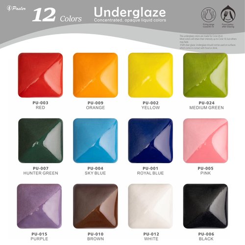 Pasler Underglaze Set - 2 fl oz/60 ml, Concentrated Opaque Liquid Underglaze for pottery bisque, Set of 12 Colors
