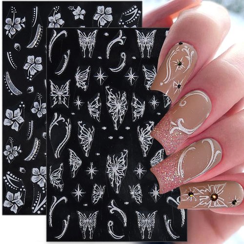Glitter Nail Stickers for Nail Art Reflective Flame Butterfly Nail Decals Pink White Flower Nail Art Stickers for Nail Designs Star Heart Stickers for Nails French Tip Nail Stickers for Girls Women
