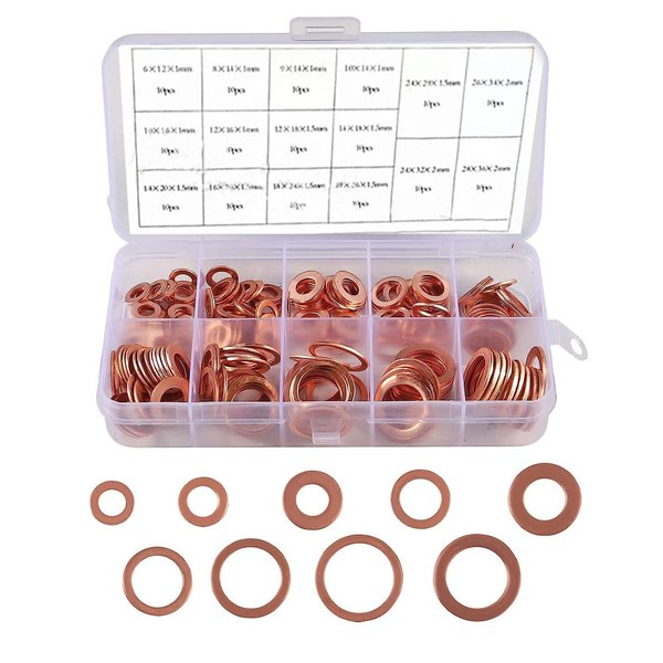 Yumfugu 200 PCS Car Flat Crushed Copper Gasket Classification Kit, M5 M6 M8 M10 M12 M14 9 Specifications Copper Metric Washers, Oil Pan Plug Sealing Gaskets, Universal Accessories for Most Car (Gold)