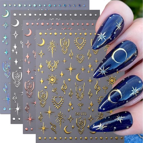 8 Sheets Moon Star Nail Art Stickers Decals Aurora Gold Nail Stickers 3D Self-Adhesive Nail Decals Silver Nail Supplies Moon Nail Art Design Decoration Accessories for Women and Girls