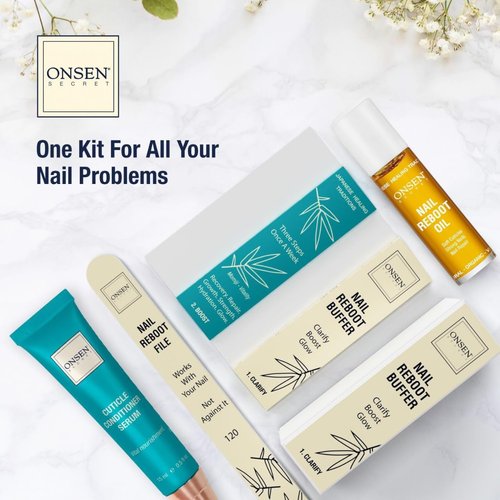 Onsen Secret Complete Nail Reboot Kit w/Nail Reboot Oil 10ml, Nail File 120/180 Grit Double Sided, A 3-Way Nail Buffer Block & Cuticle Serum-15ml w/Cuticle Oil in Action-Super Value Pack