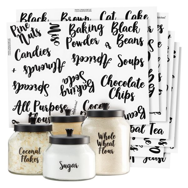 Talented Kitchen 135 Pantry Labels for Food Containers, Clear Preprinted Pantry Labels for Organizing Storage Canisters & Jars, Black Cursive Numbers Stickers (Water Resistant)