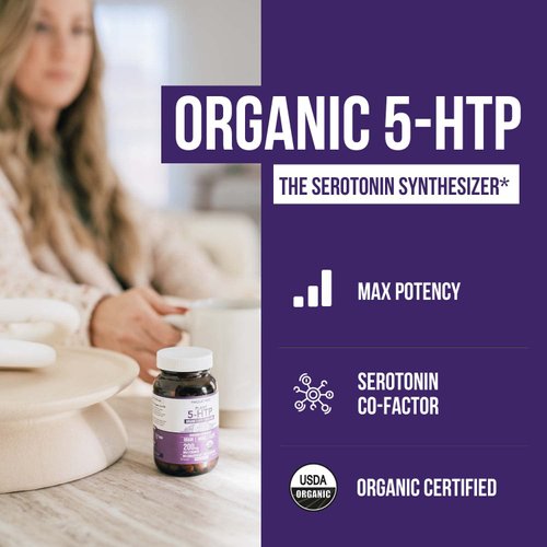 Organic 5-HTP - 200 mg | 99% 5HTP Concentration, Plus Cofactor Vitamin B6 & Lion’s Mane | Water Extracted from Organic Griffonia Seeds | Supports Mood, Cognition & Sleep (60 Capsules | 30 Servings)